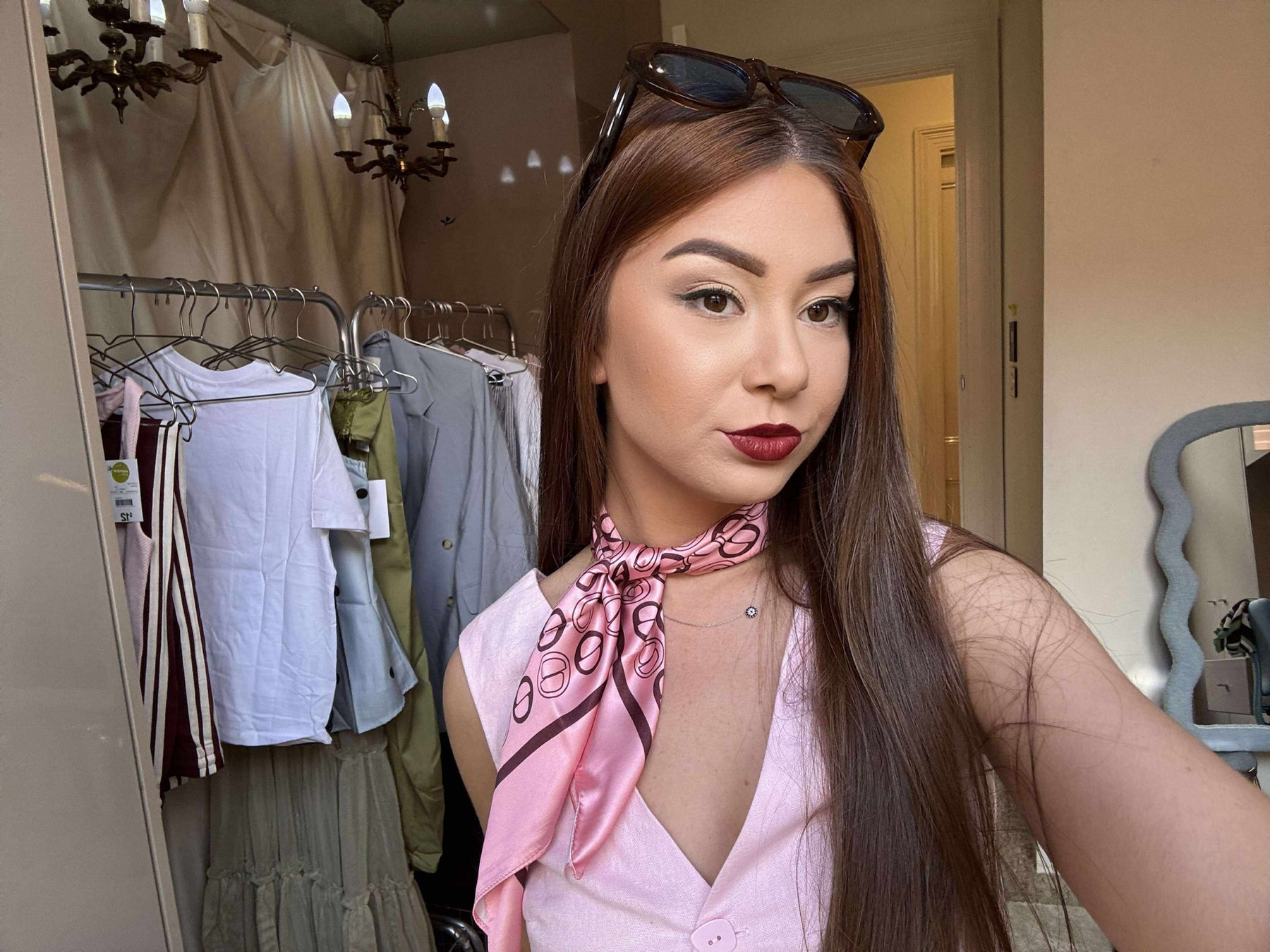 EVELO Candy Tempo scarf styled on model